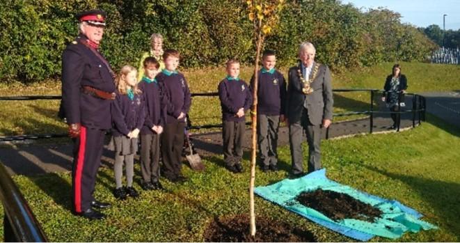 11 October 2021 - We visited Oxclose Primary Academy where we met some of the delightful children and planted a tree as part of the City Schools Project and the Queens Green Canopy Initiative.