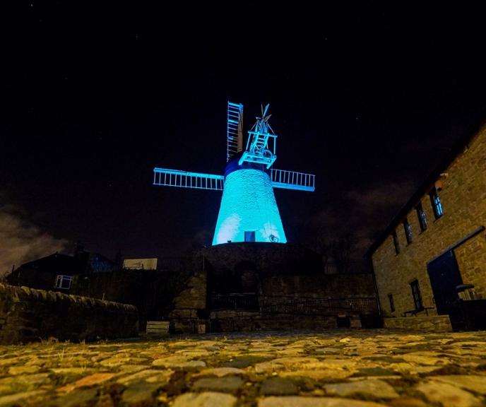 Fulwell Mill lit blue